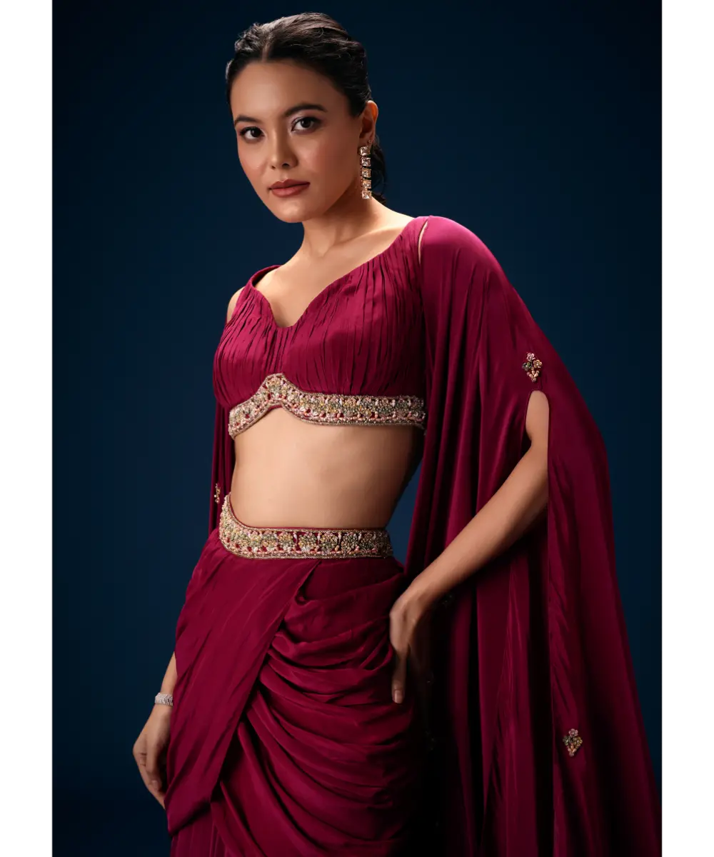 KALKI - Magenta Fish Cut Draped Skirt With Hand Embroidered Blouse And Choker Dupatta