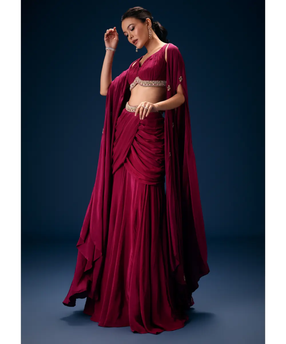 KALKI - Magenta Fish Cut Draped Skirt With Hand Embroidered Blouse And Choker Dupatta