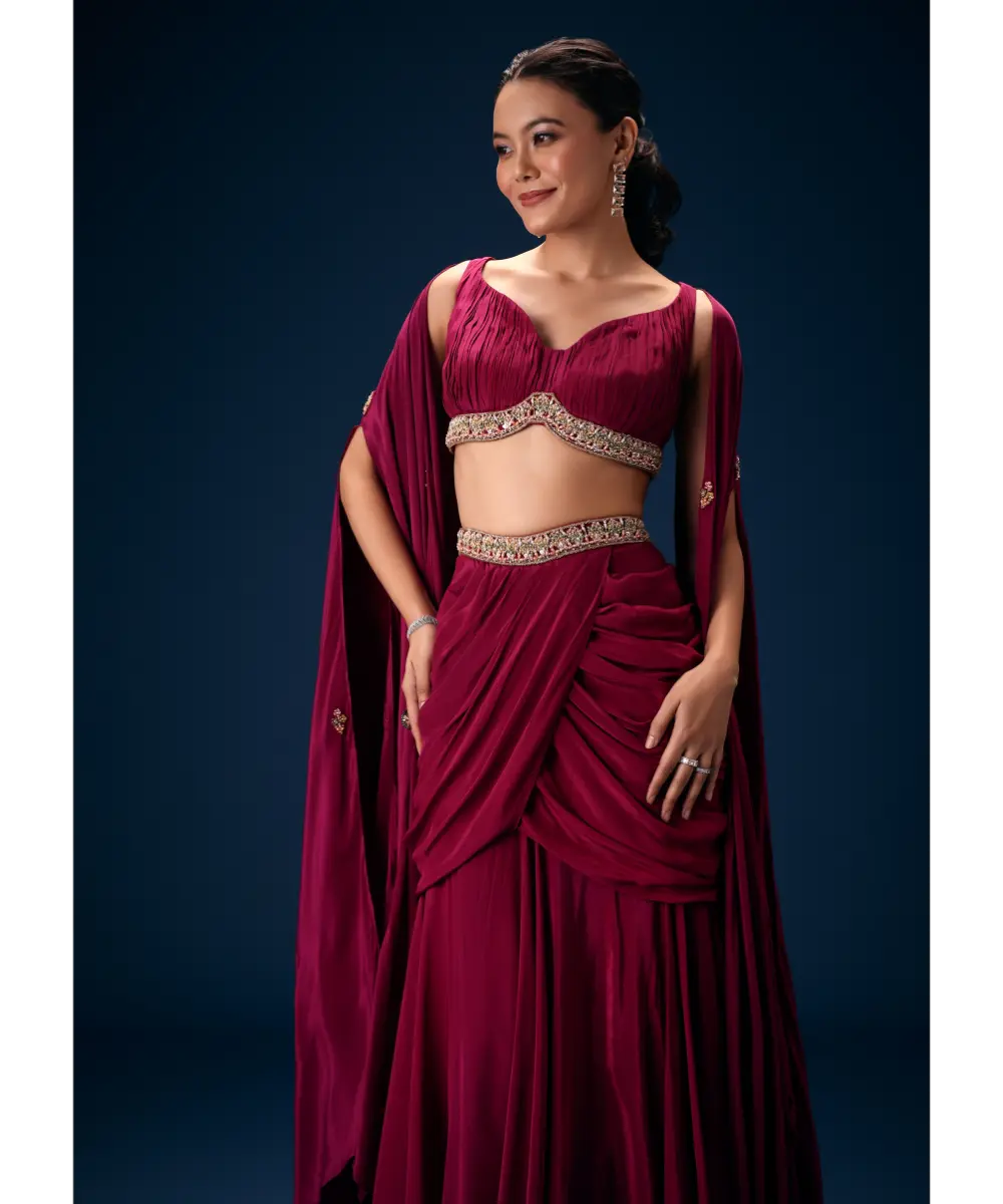 KALKI - Magenta Fish Cut Draped Skirt With Hand Embroidered Blouse And Choker Dupatta