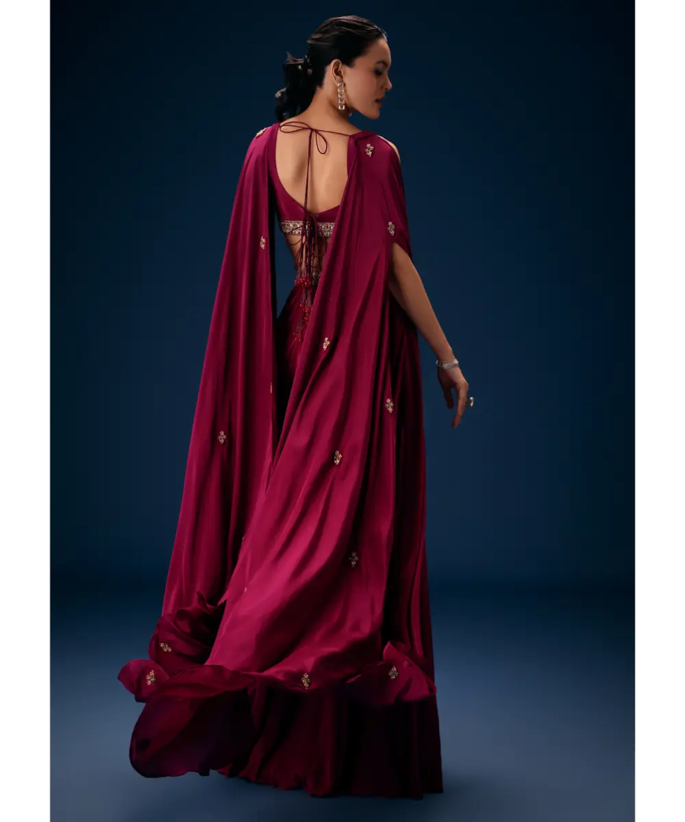 KALKI - Magenta Fish Cut Draped Skirt With Hand Embroidered Blouse And Choker Dupatta