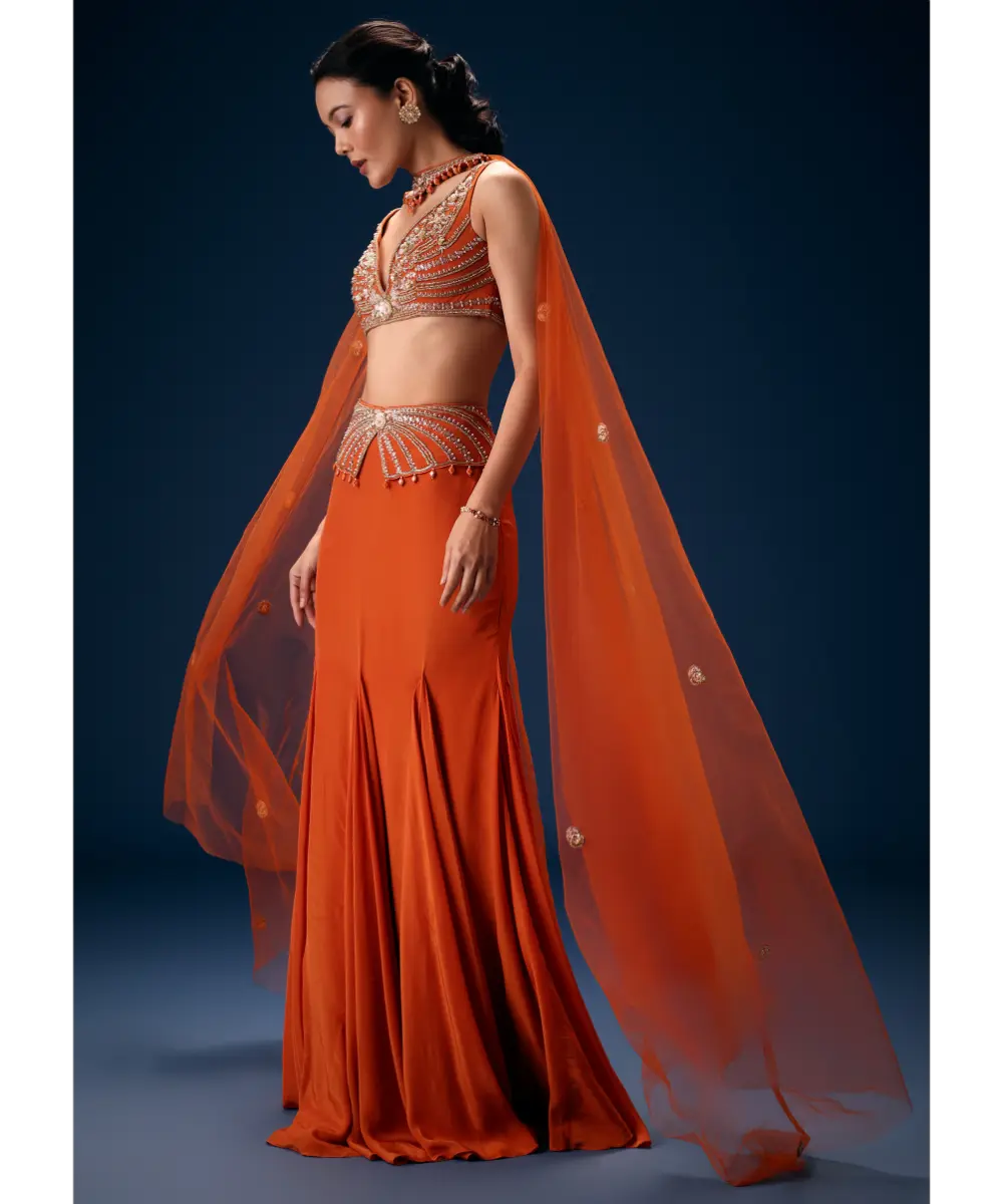 KALKI - Rust Mermaid Symmetric Belt Skirt With Blouse And Choker