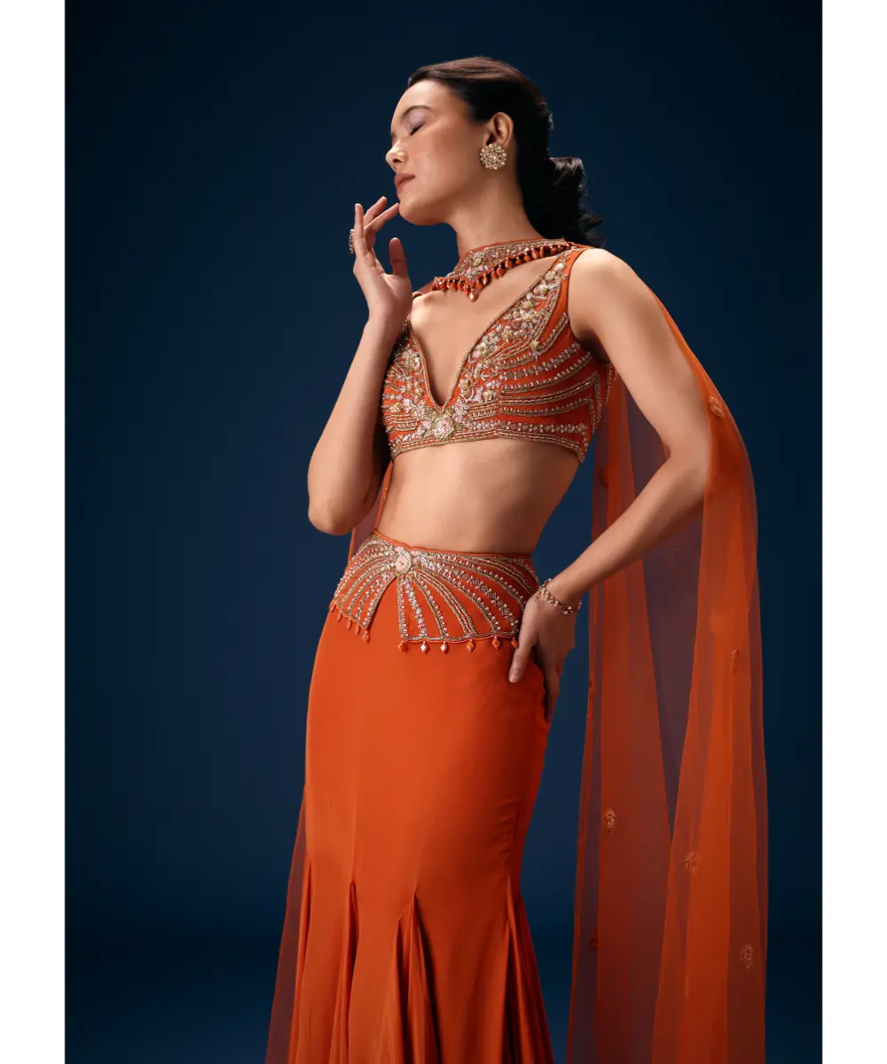KALKI - Rust Mermaid Symmetric Belt Skirt With Blouse And Choker