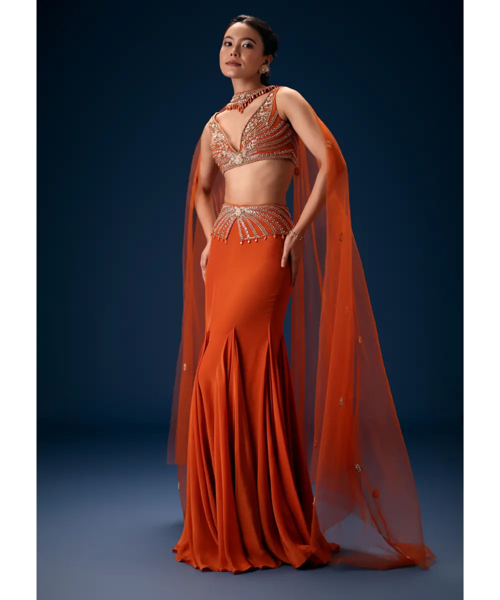 KALKI - Rust Mermaid Symmetric Belt Skirt With Blouse And Choker