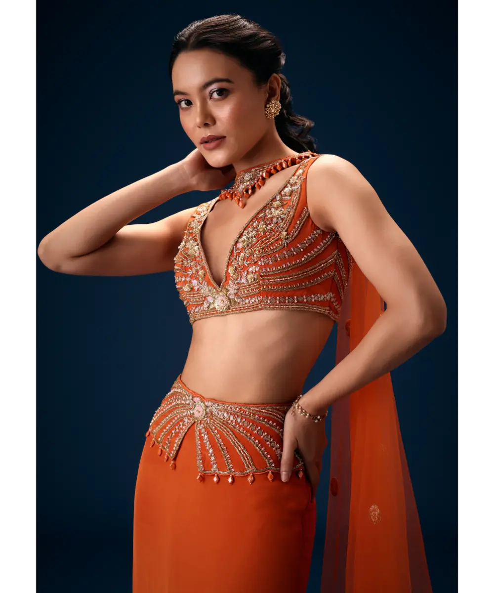 KALKI - Rust Mermaid Symmetric Belt Skirt With Blouse And Choker