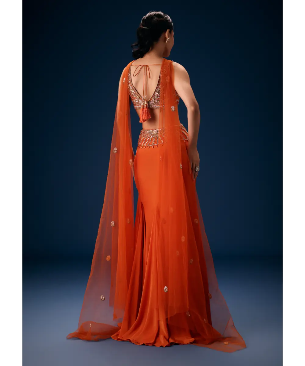 KALKI - Rust Mermaid Symmetric Belt Skirt With Blouse And Choker