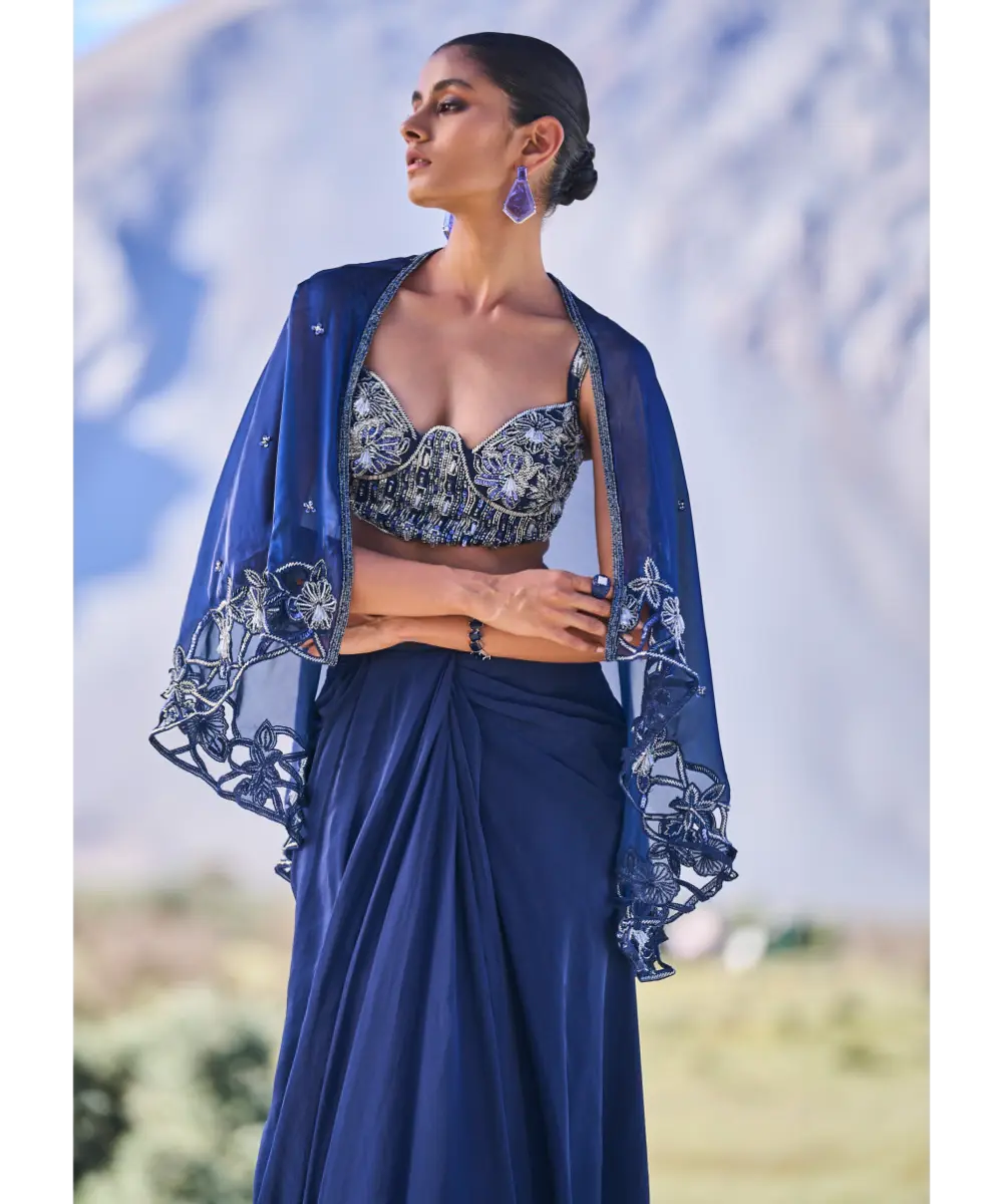 KALKI - Blue Crepe Draped Skirt With Embroidered Blouse And Cape