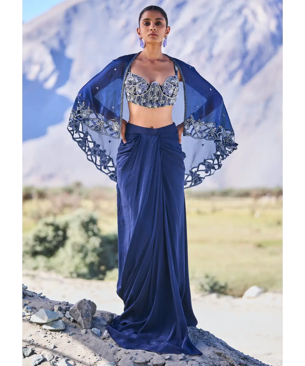 KALKI - Blue Crepe Draped Skirt With Embroidered Blouse And Cape