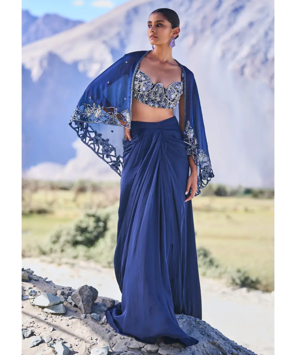 KALKI - Blue Crepe Draped Skirt With Embroidered Blouse And Cape