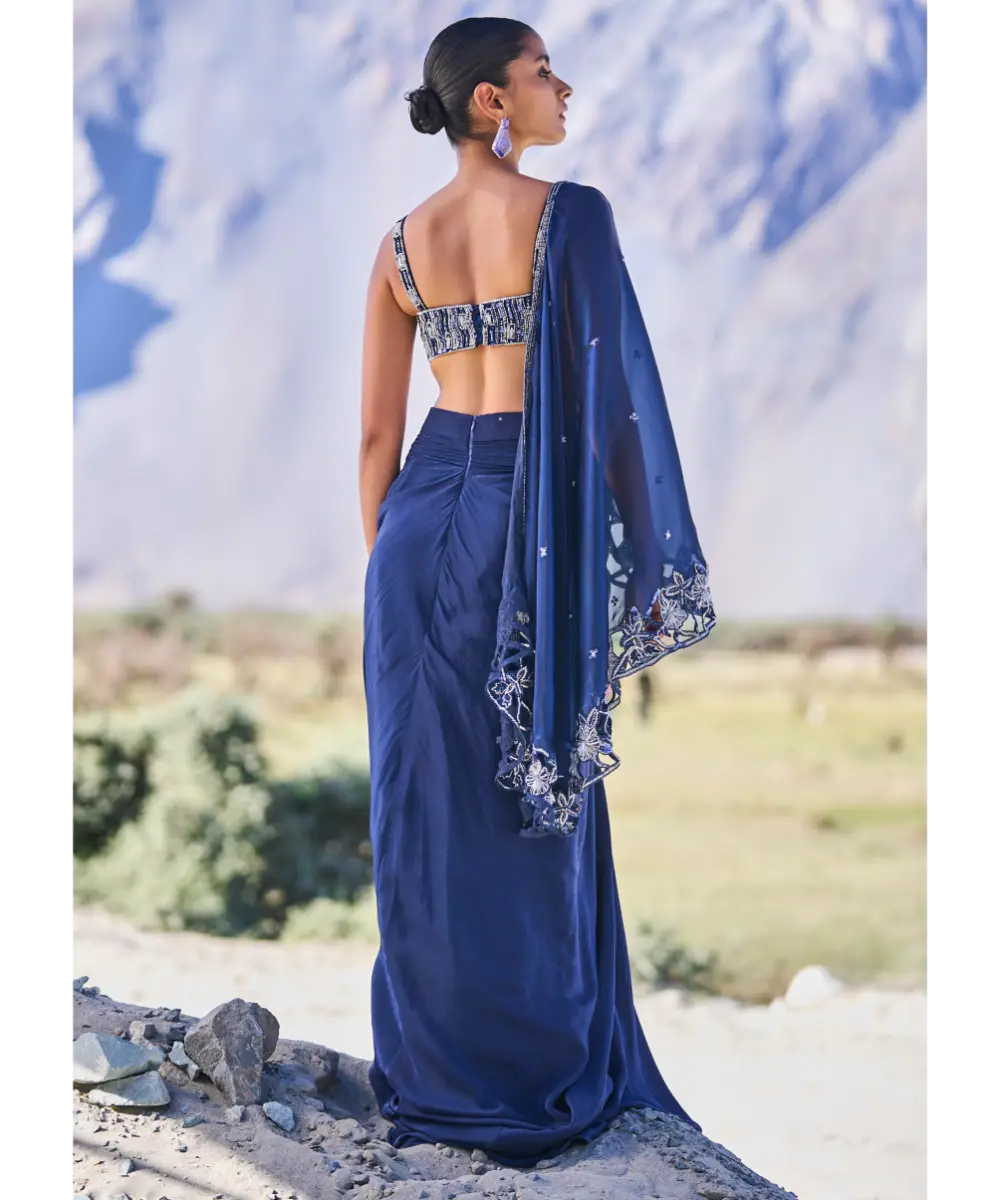 KALKI - Blue Crepe Draped Skirt With Embroidered Blouse And Cape