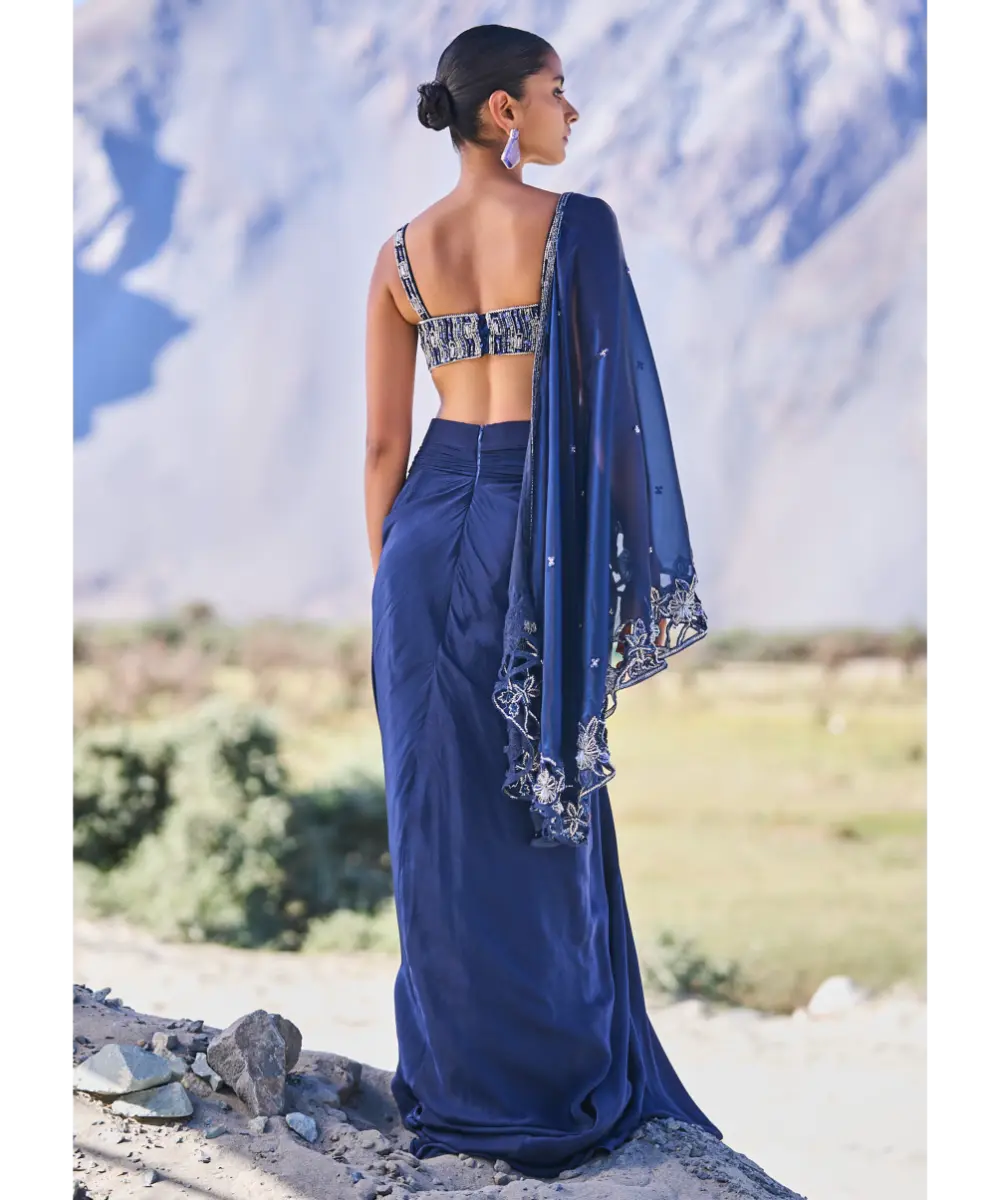 KALKI - Blue Crepe Draped Skirt With Embroidered Blouse And Cape