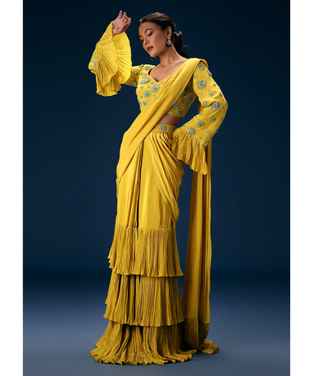 KALKI - Lime Green Embroidered Blouse With Pre Stitched Saree