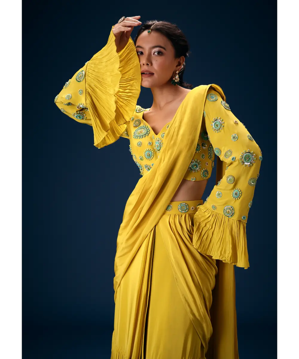 KALKI - Lime Green Embroidered Blouse With Pre Stitched Saree