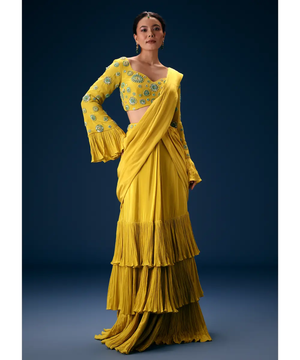 KALKI - Lime Green Embroidered Blouse With Pre Stitched Saree