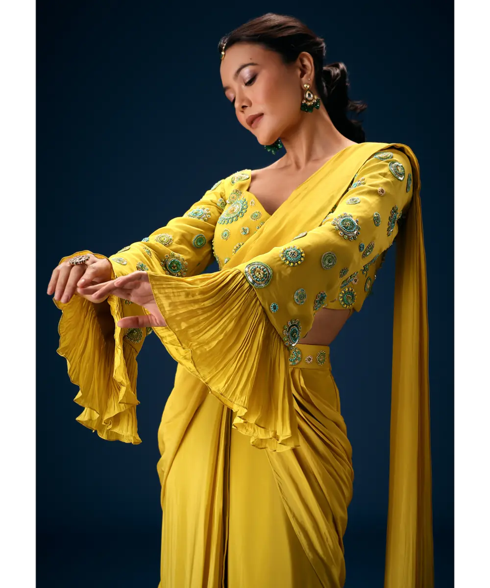 KALKI - Lime Green Embroidered Blouse With Pre Stitched Saree