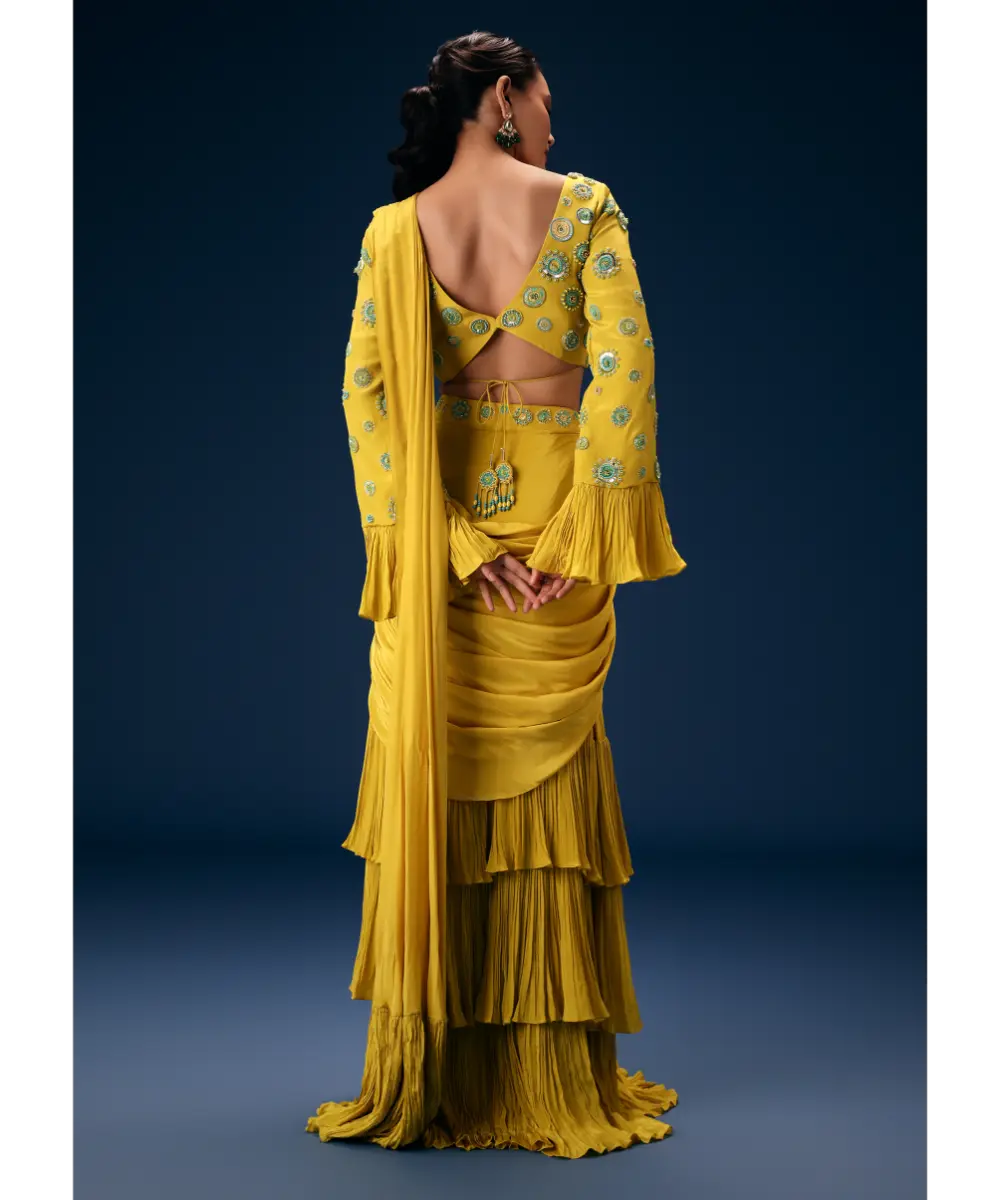 KALKI - Lime Green Embroidered Blouse With Pre Stitched Saree