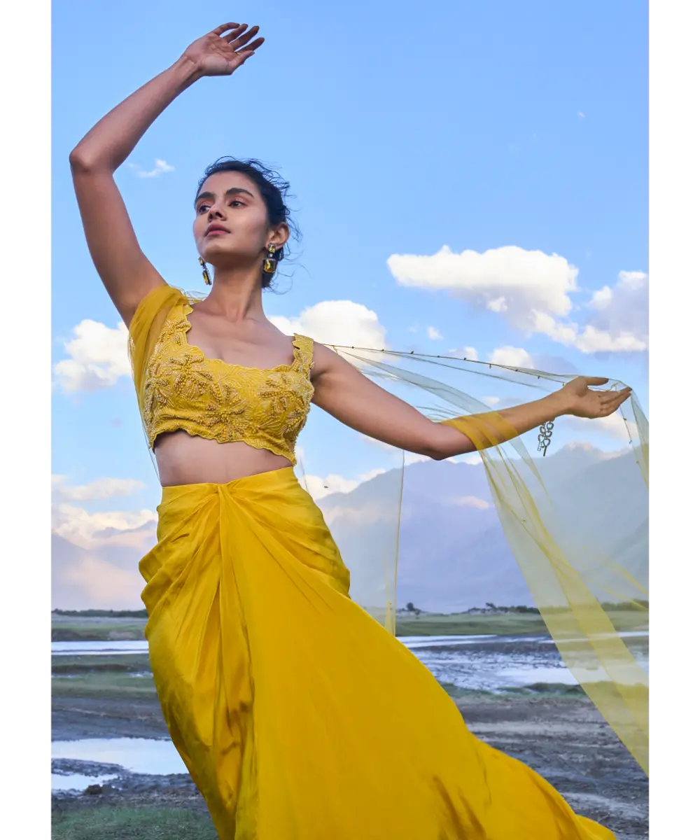 KALKI - Yellow Pre Draped Skirt With Embroidered Corset Blouse And Cape