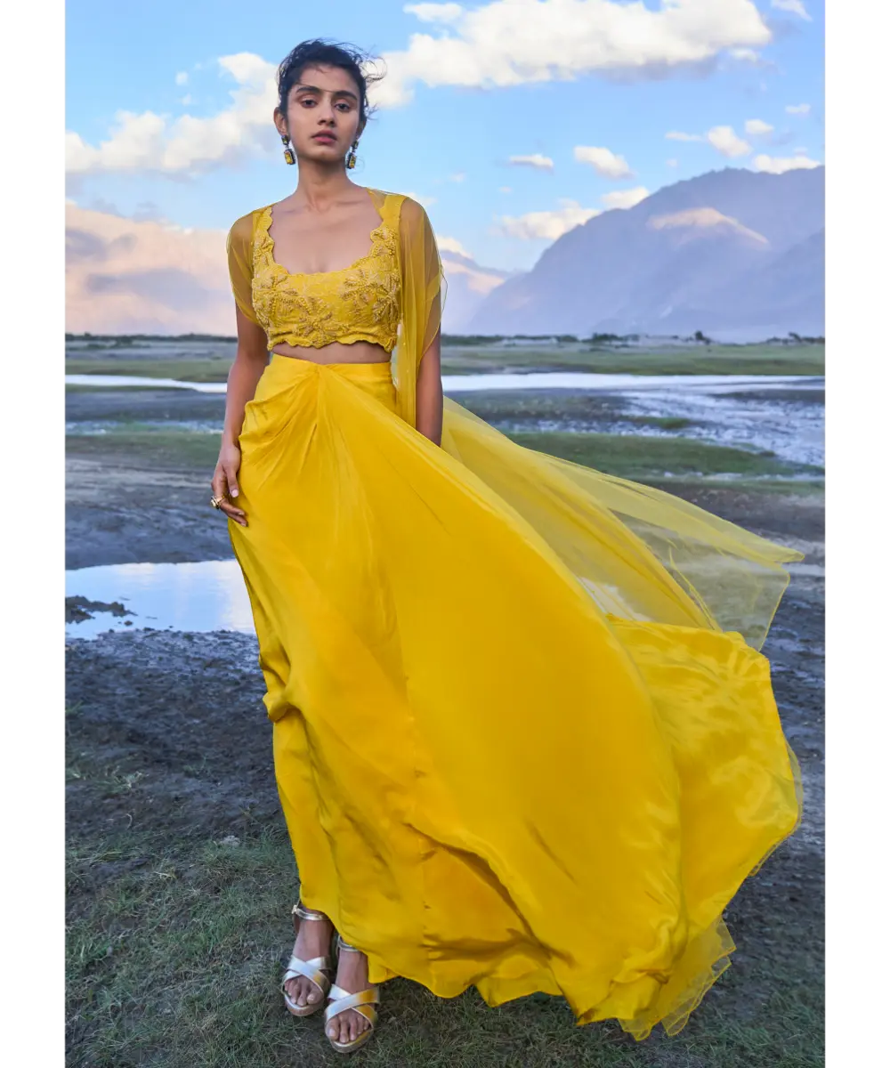 KALKI - Yellow Pre Draped Skirt With Embroidered Corset Blouse And Cape