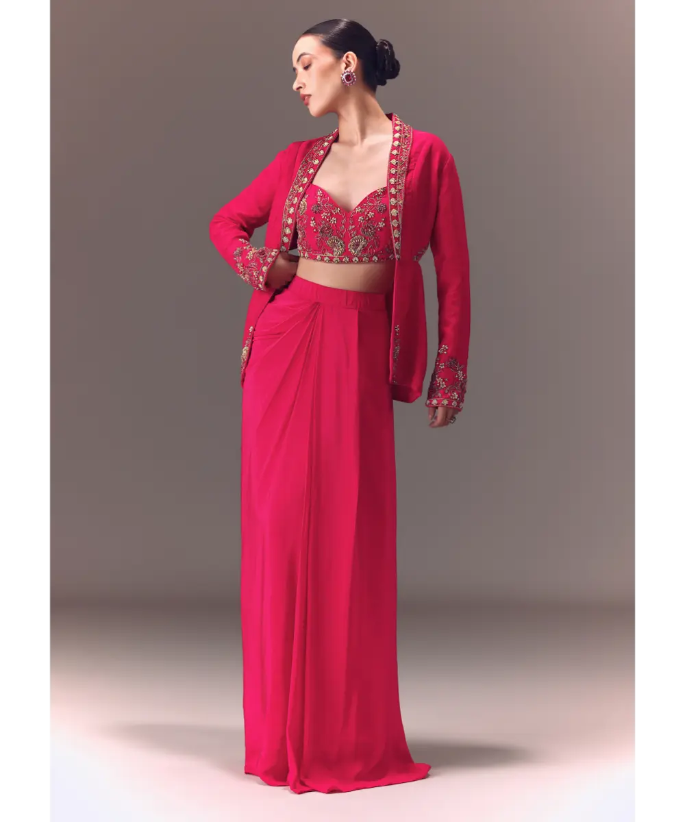 KALKI - Hot Pink Hand Embellished Blouse With Jacket And Draped Skirt