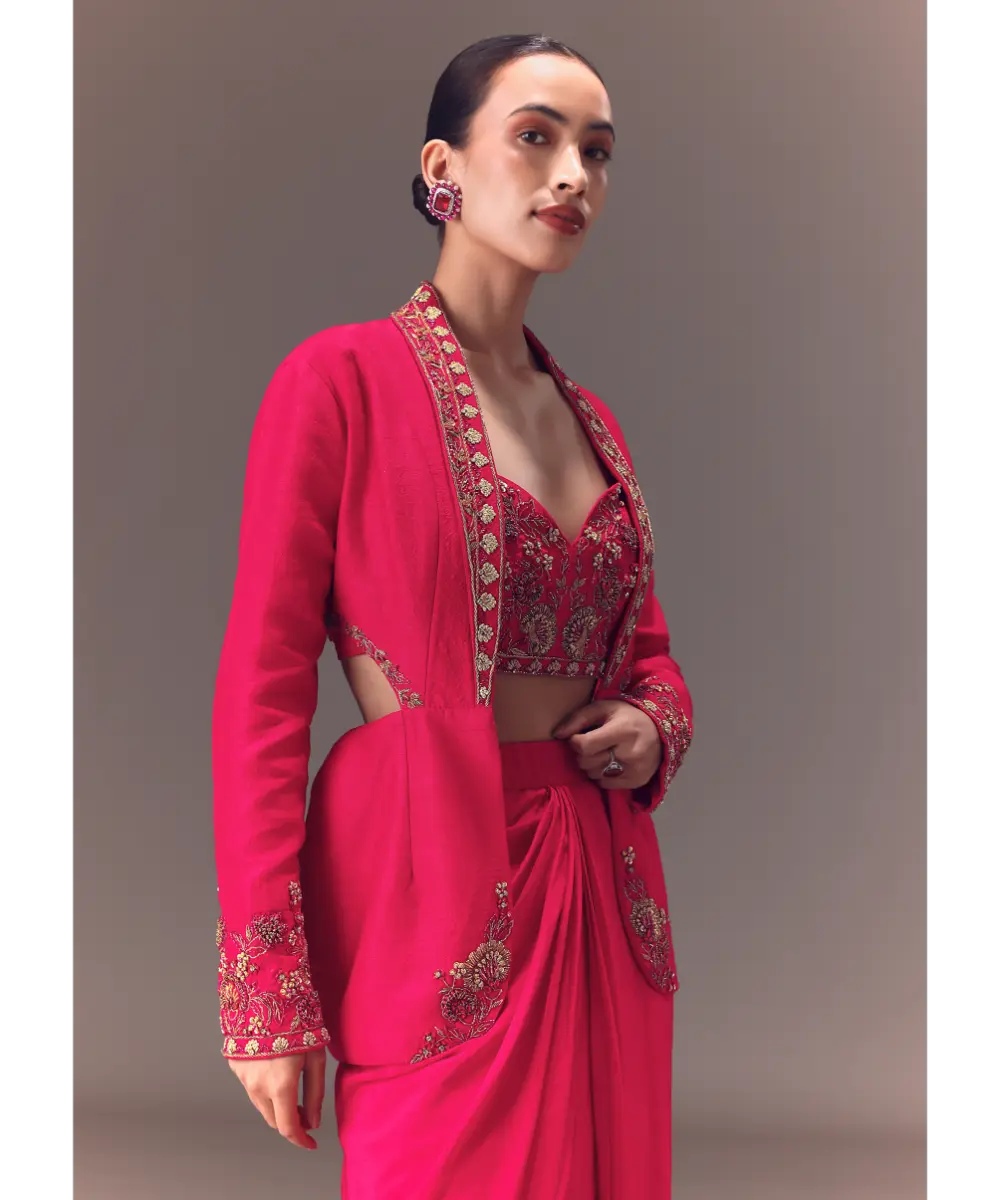 KALKI - Hot Pink Hand Embellished Blouse With Jacket And Draped Skirt