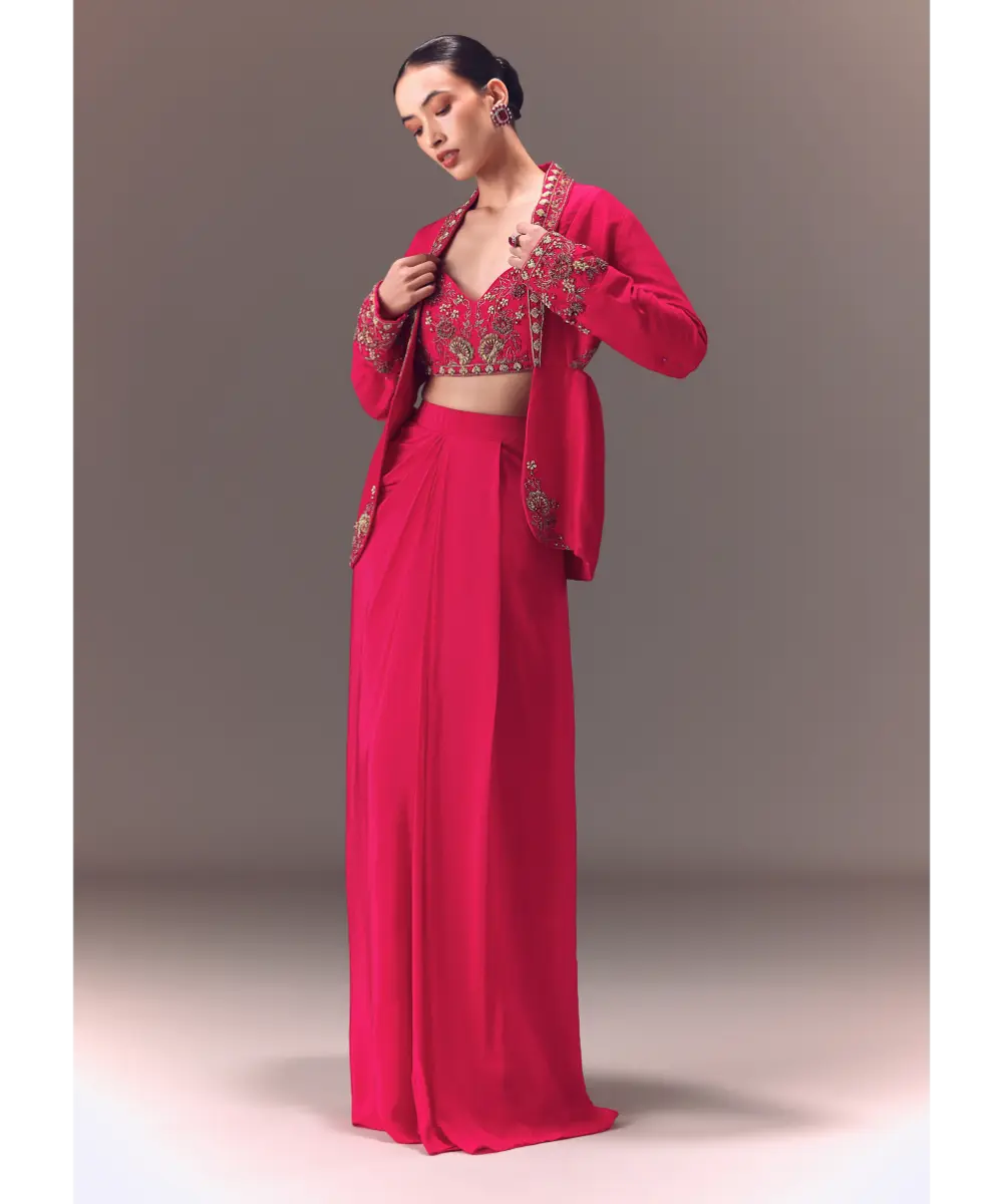 KALKI - Hot Pink Hand Embellished Blouse With Jacket And Draped Skirt
