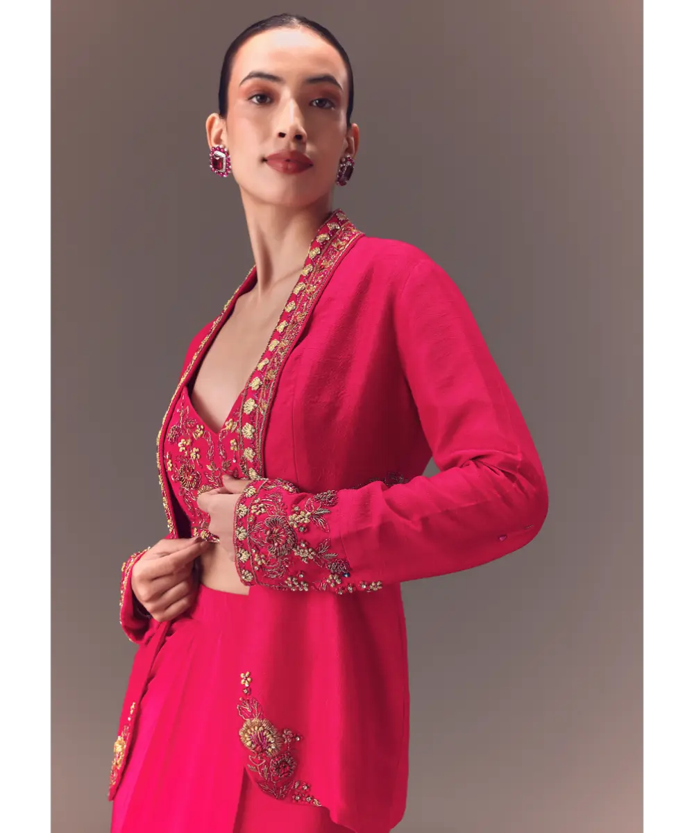 KALKI - Hot Pink Hand Embellished Blouse With Jacket And Draped Skirt