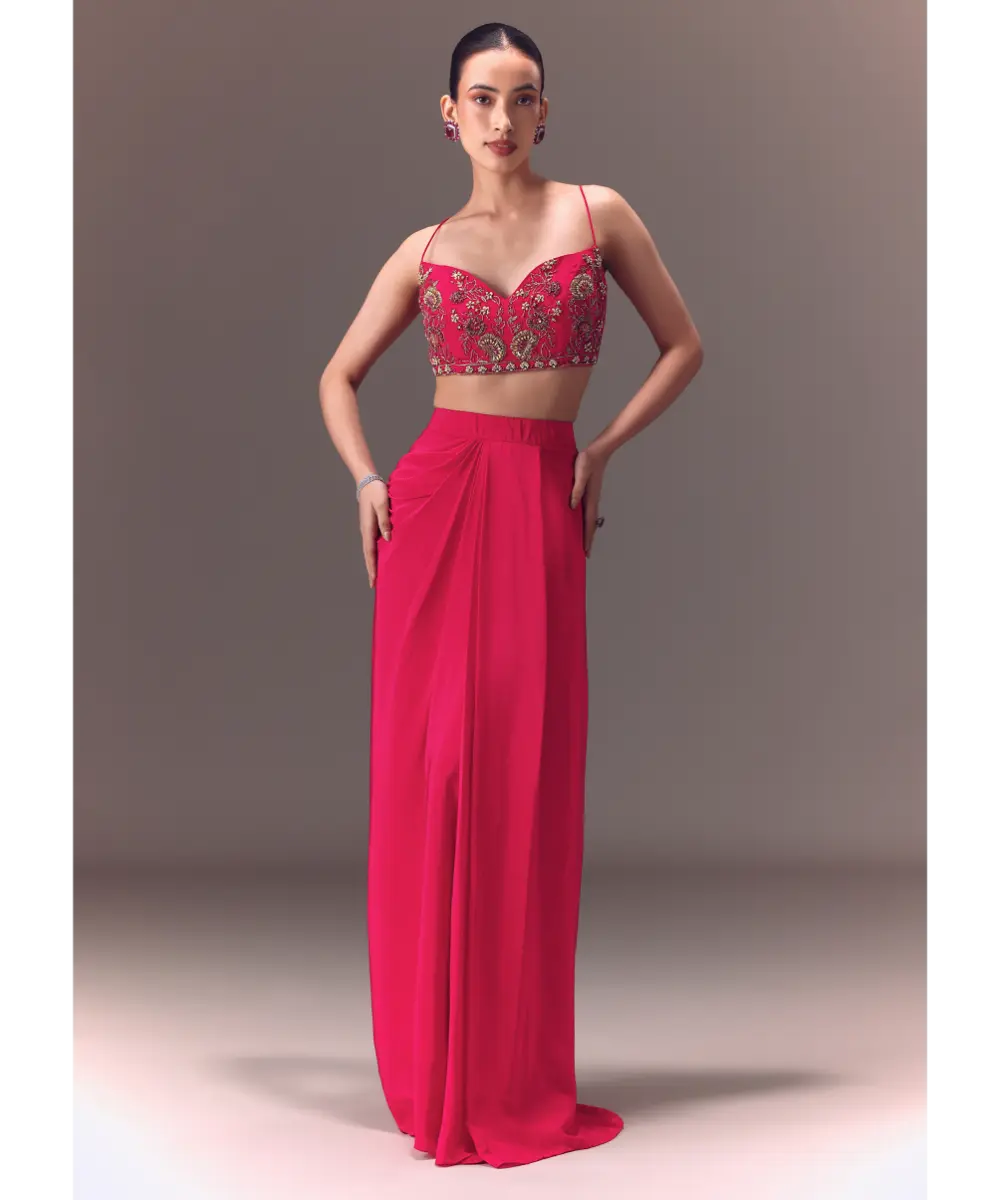 KALKI - Hot Pink Hand Embellished Blouse With Jacket And Draped Skirt