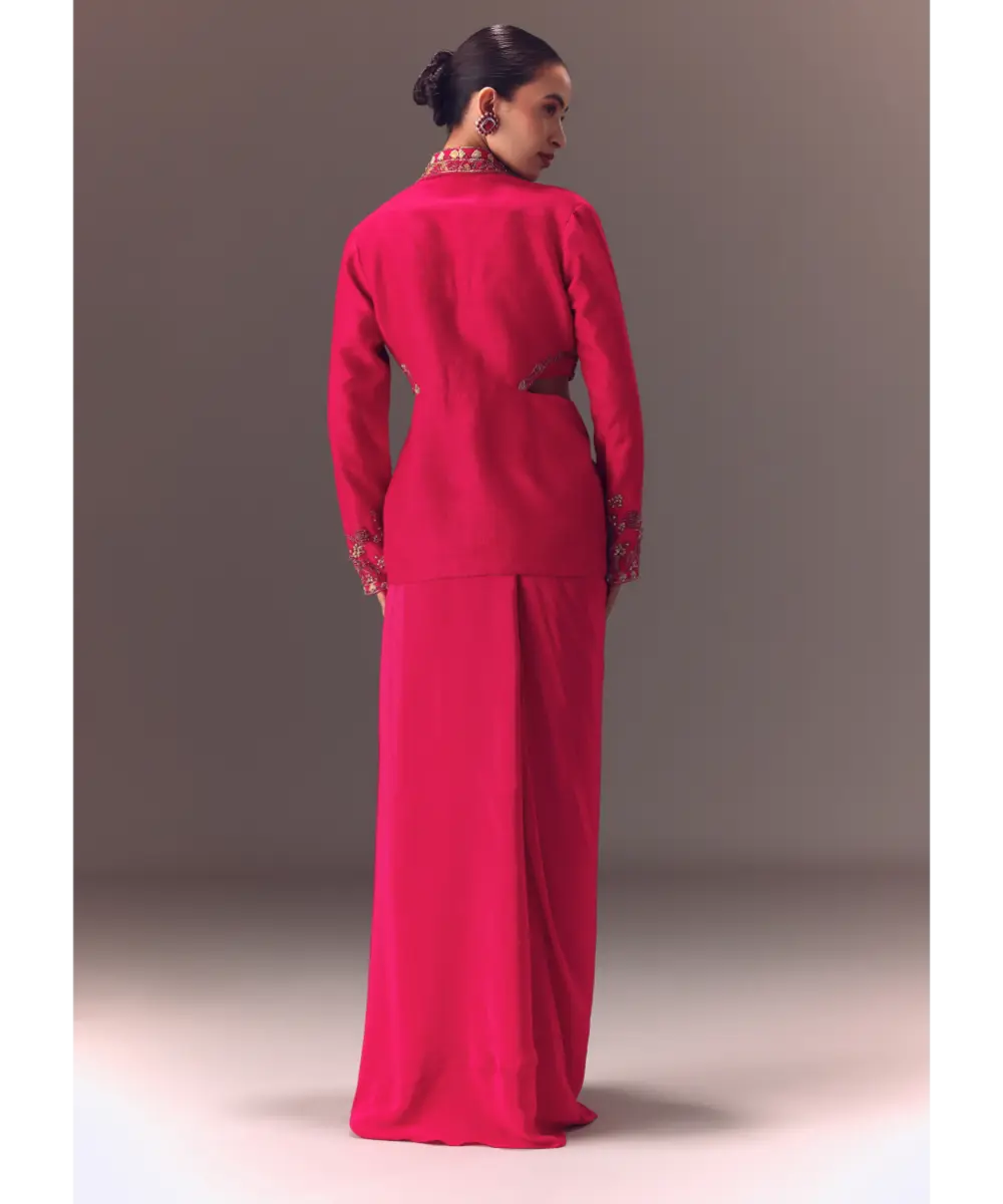 KALKI - Hot Pink Hand Embellished Blouse With Jacket And Draped Skirt