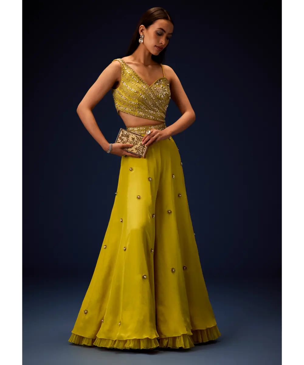 KALKI - Sunglow Mustard Hand Embroidered Double Layer Frill Jumpsuit