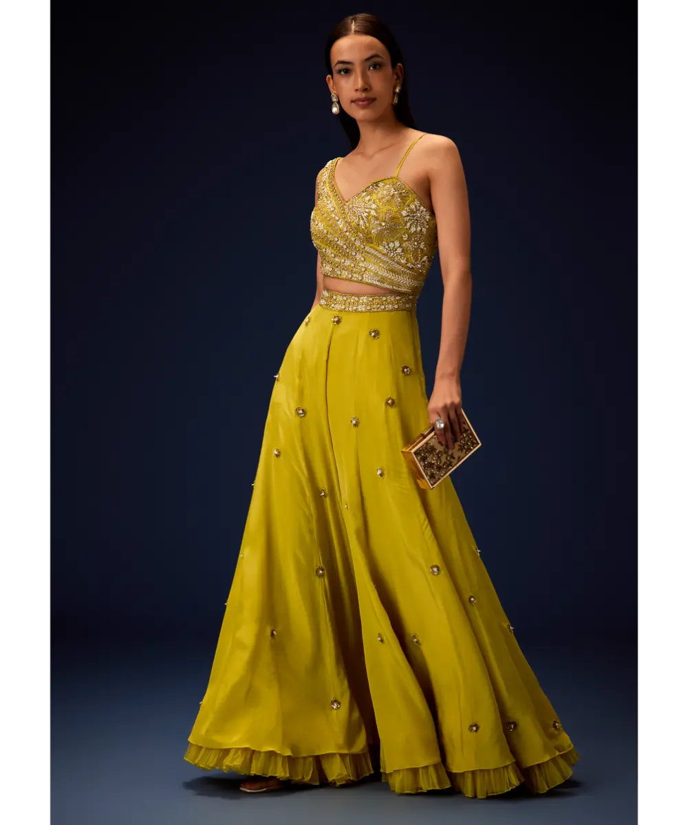 KALKI - Sunglow Mustard Hand Embroidered Double Layer Frill Jumpsuit