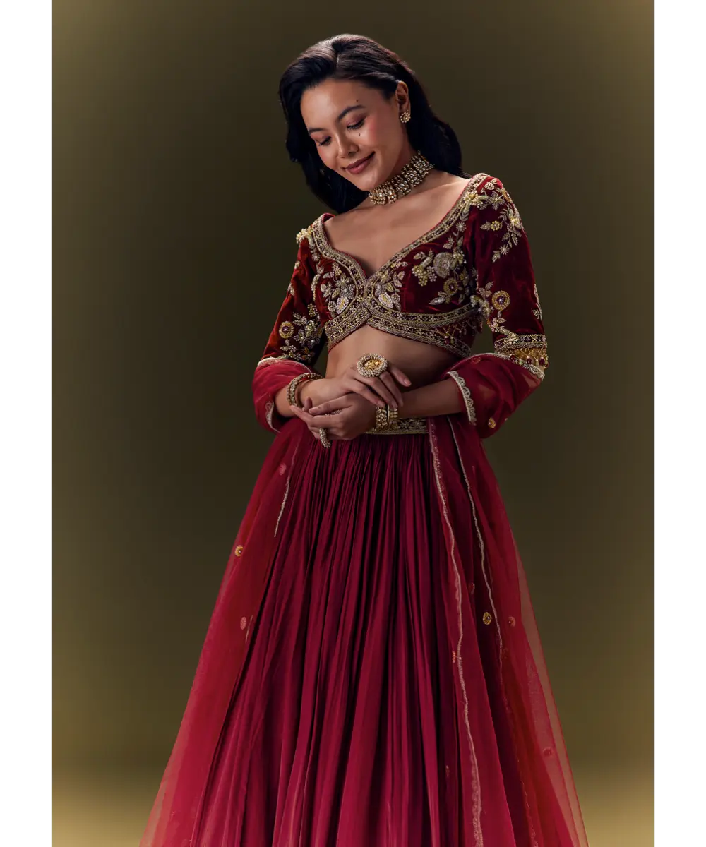 KALKI - Maroon Crepe Velvet Lehenga Set With Cross Body Blouse