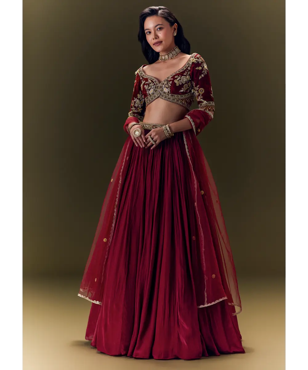 KALKI - Maroon Crepe Velvet Lehenga Set With Cross Body Blouse