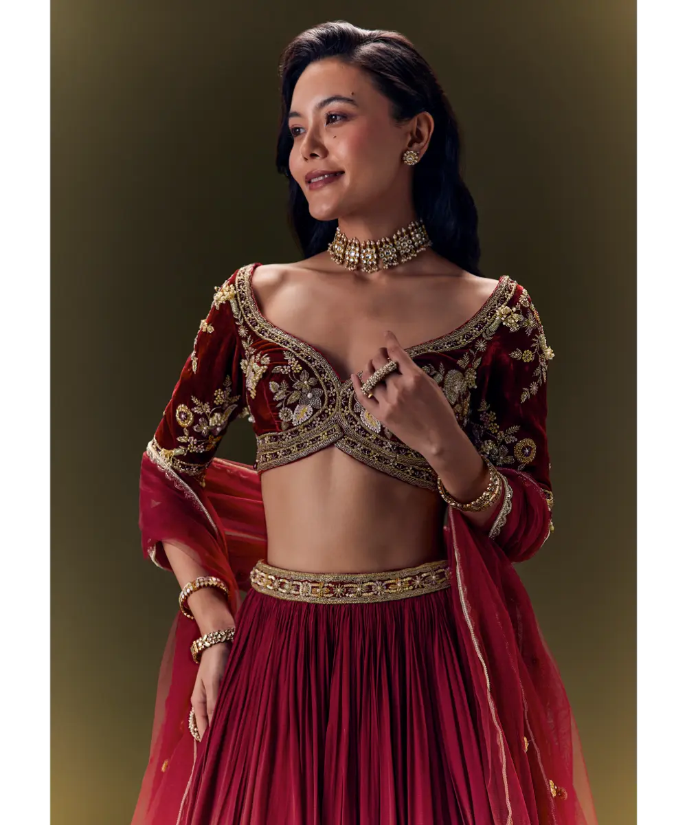 KALKI - Maroon Crepe Velvet Lehenga Set With Cross Body Blouse