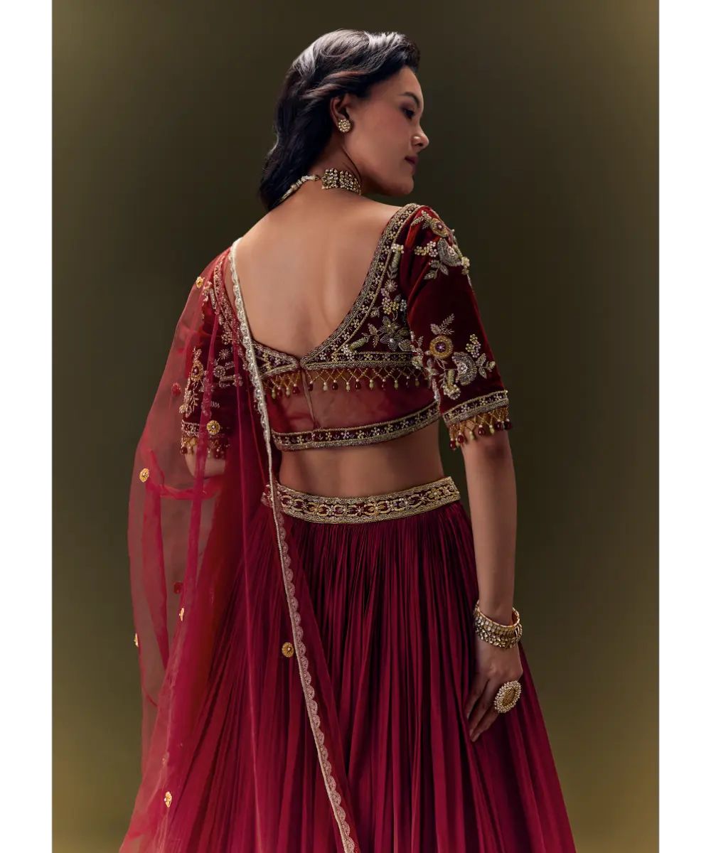 KALKI - Maroon Crepe Velvet Lehenga Set With Cross Body Blouse