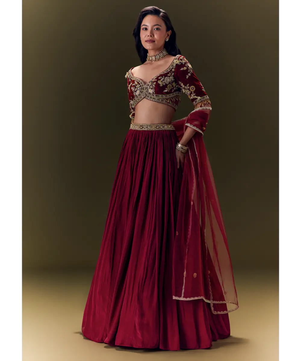 KALKI - Maroon Crepe Velvet Lehenga Set With Cross Body Blouse