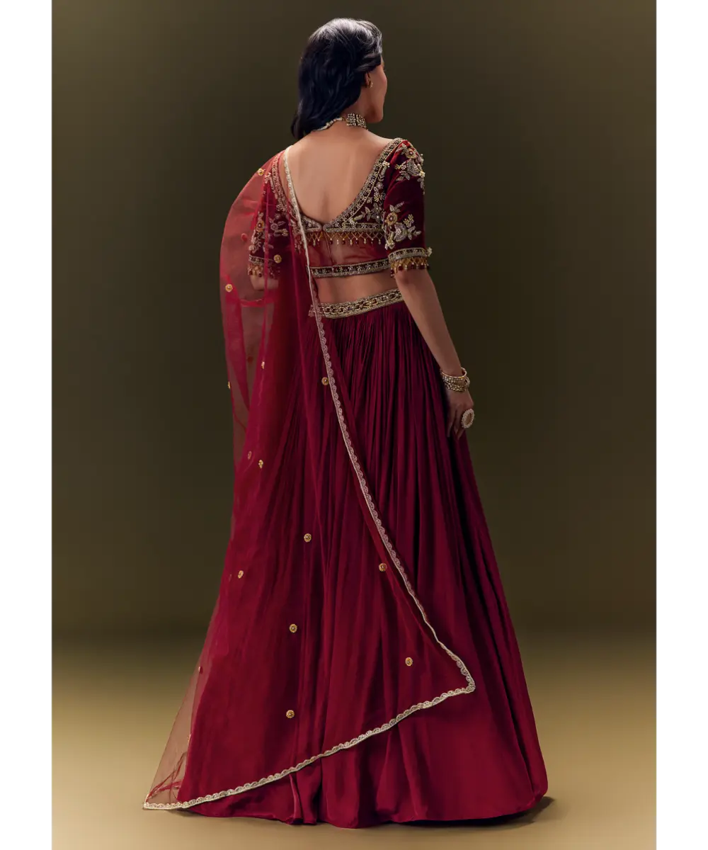 KALKI - Maroon Crepe Velvet Lehenga Set With Cross Body Blouse