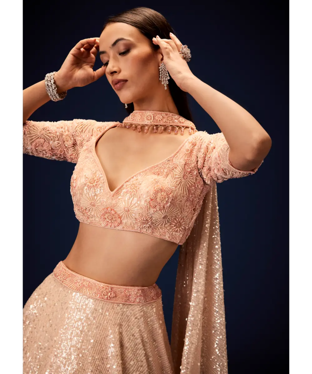 KALKI - Salmon Peach Hand Embroidered Double Layer Sequence Lehenga With Frill