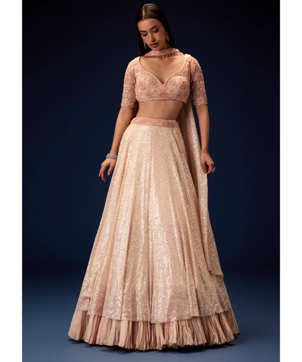 KALKI - Salmon Peach Hand Embroidered Double Layer Sequence Lehenga With Frill