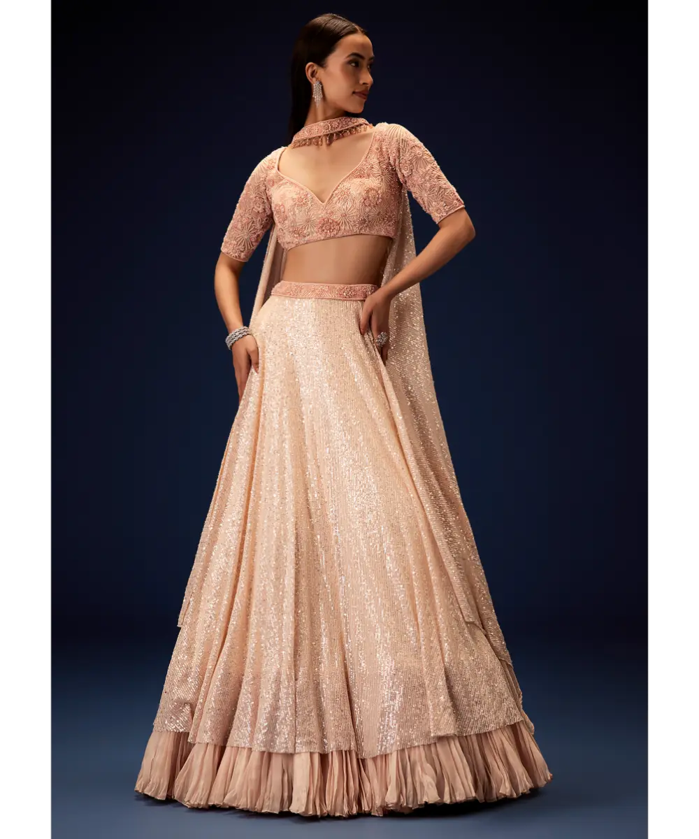 KALKI - Salmon Peach Hand Embroidered Double Layer Sequence Lehenga With Frill