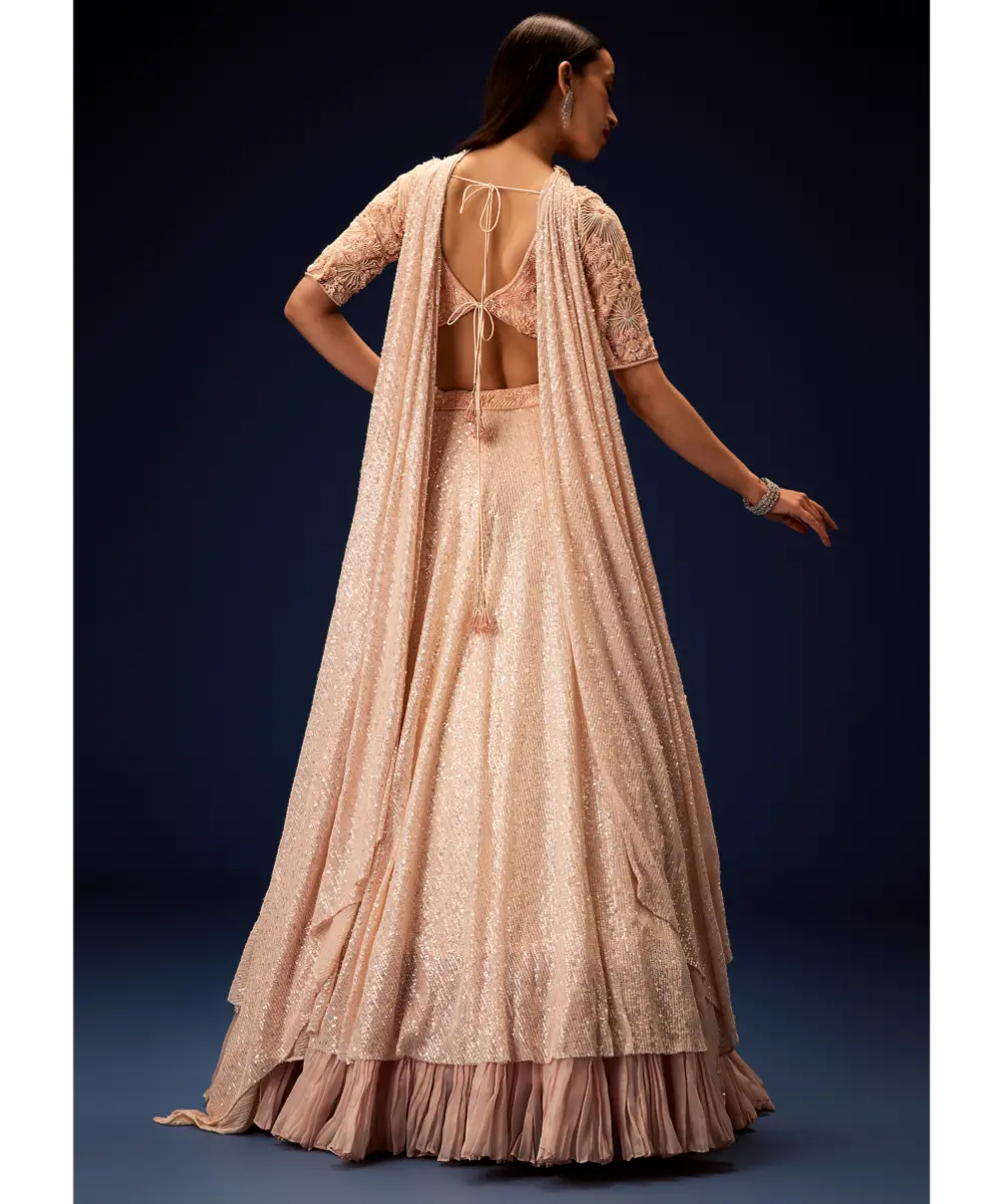 KALKI - Salmon Peach Hand Embroidered Double Layer Sequence Lehenga With Frill