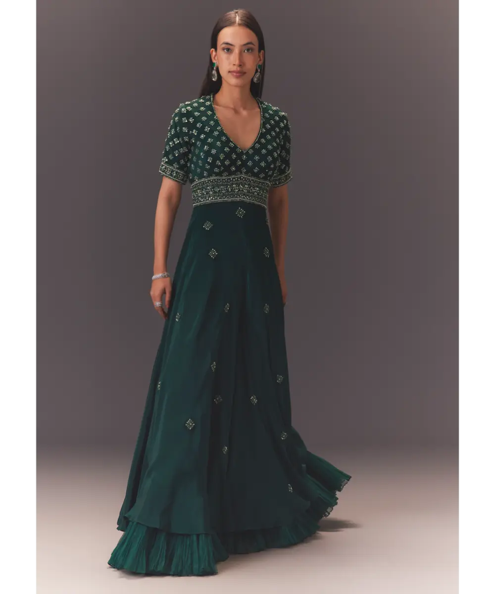 KALKI - Forest Greenhand Embroidered Double Layer Jumpsuit