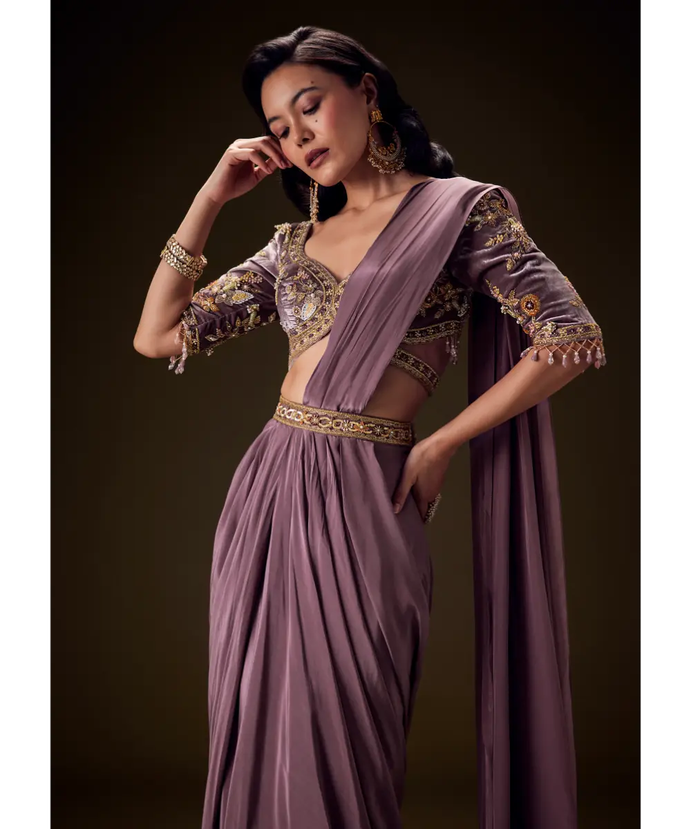 KALKI - Dahlia Purple Ready To Wear Saree With Hand Embroided Belt Hand Velvet Blouse