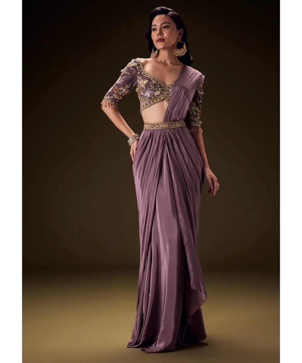 KALKI - Dahlia Purple Ready To Wear Saree With Hand Embroided Belt Hand Velvet Blouse
