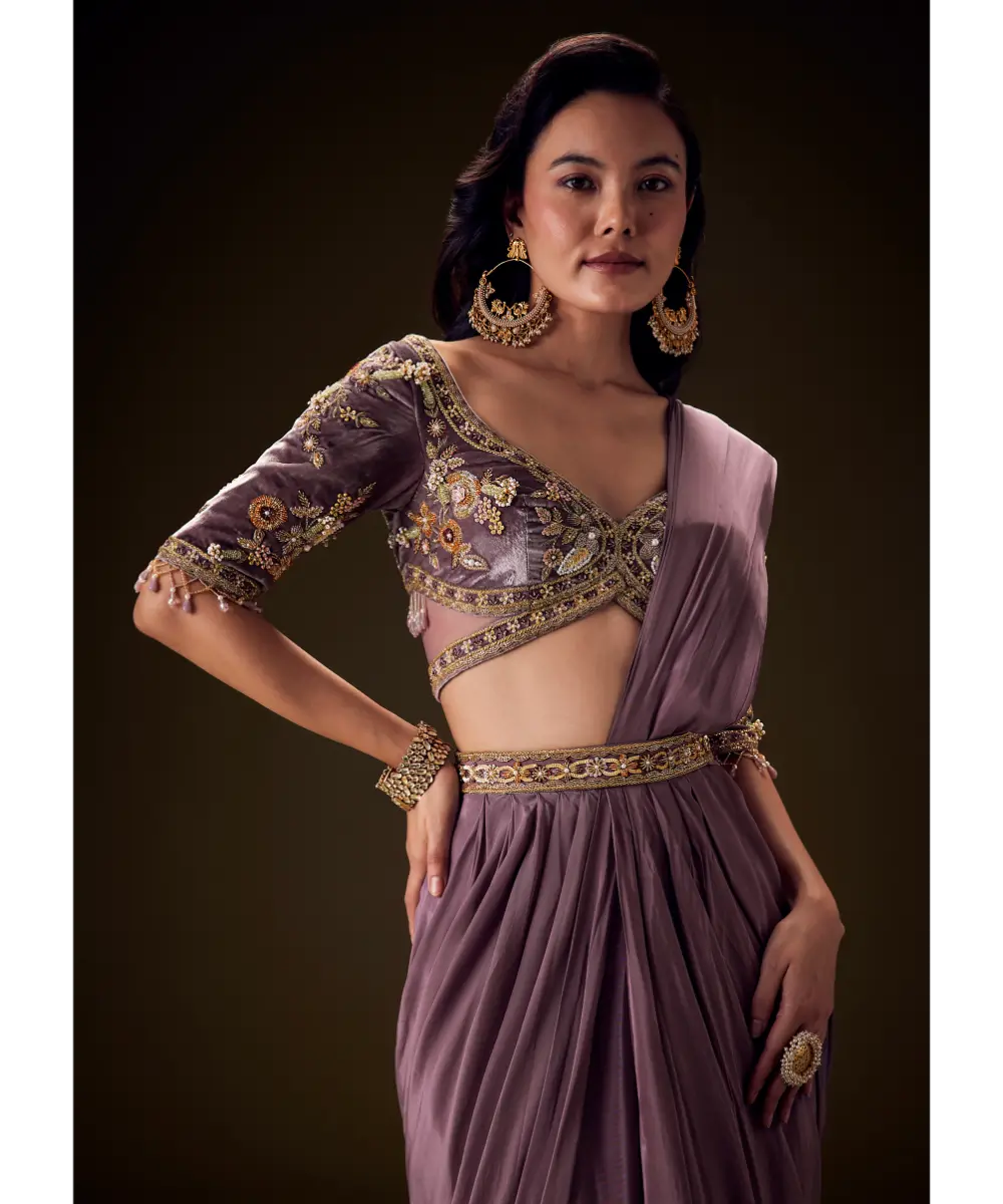 KALKI - Dahlia Purple Ready To Wear Saree With Hand Embroided Belt Hand Velvet Blouse