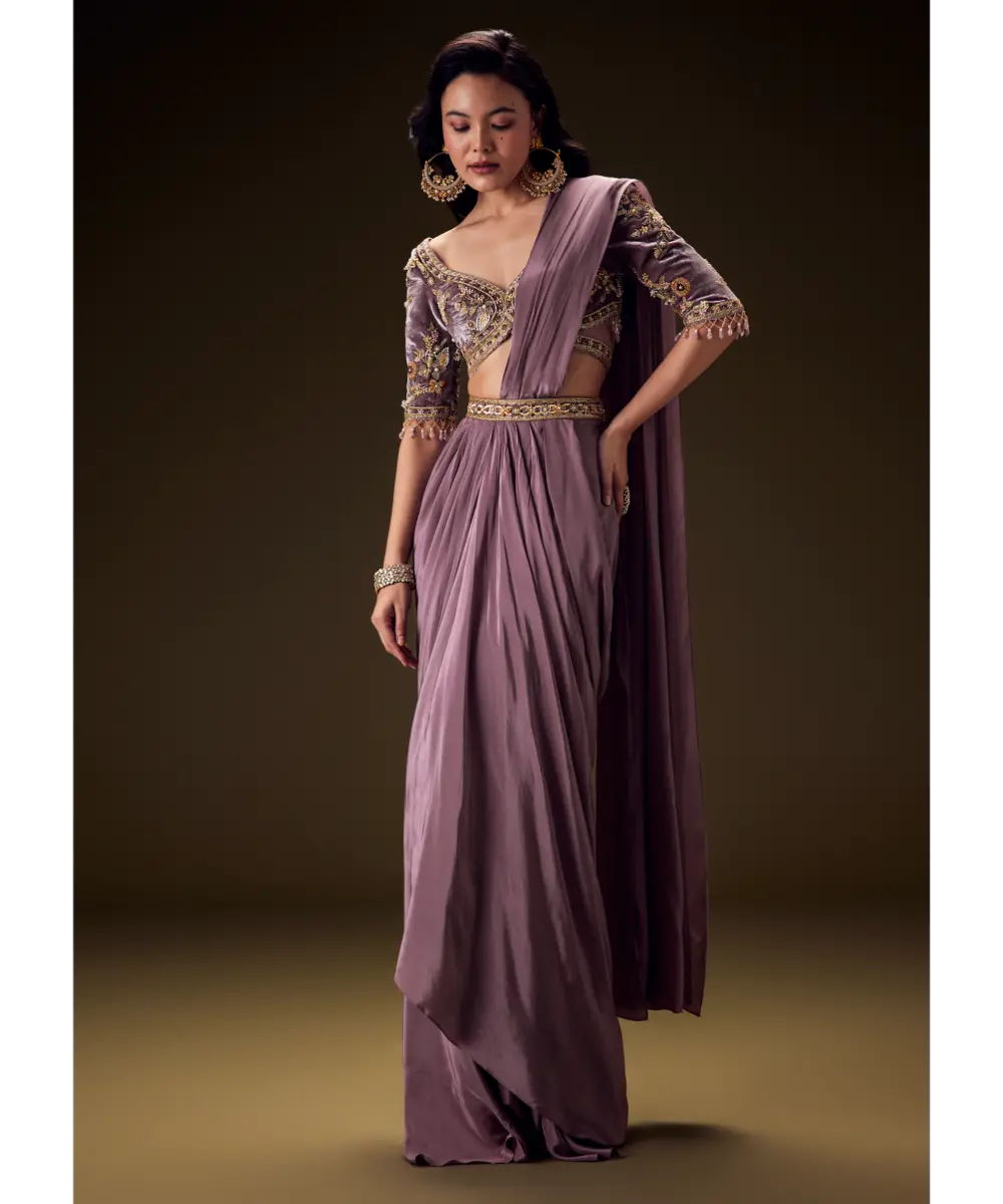 KALKI - Dahlia Purple Ready To Wear Saree With Hand Embroided Belt Hand Velvet Blouse