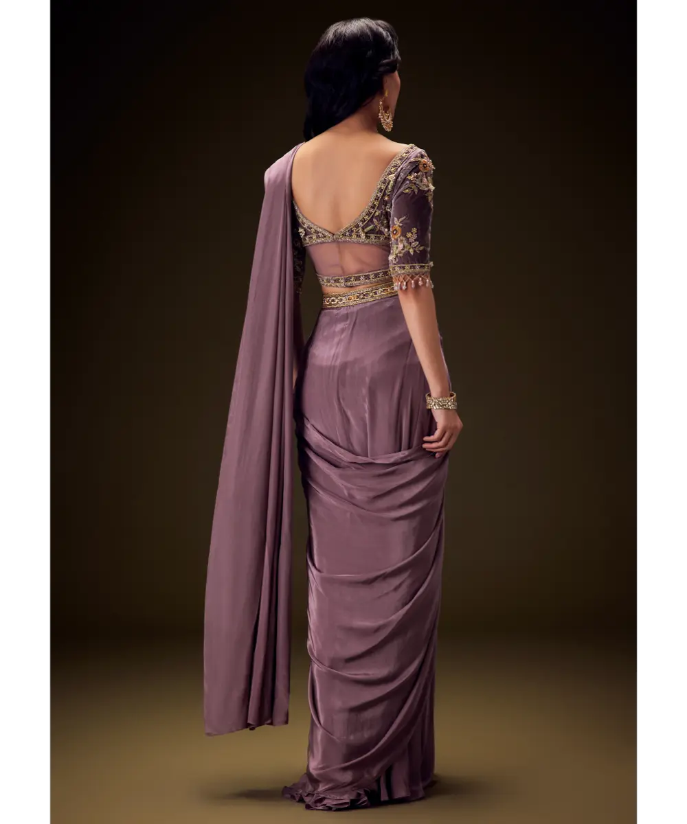 KALKI - Dahlia Purple Ready To Wear Saree With Hand Embroided Belt Hand Velvet Blouse
