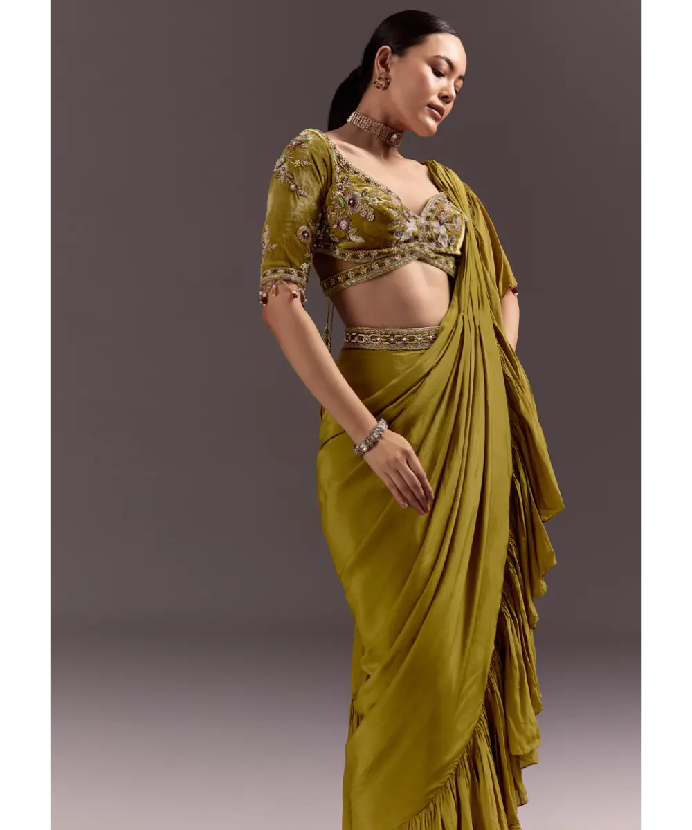 KALKI - Olive Green Velvet Saree With Frilled Pallu And Heavy Embroidered Blouse