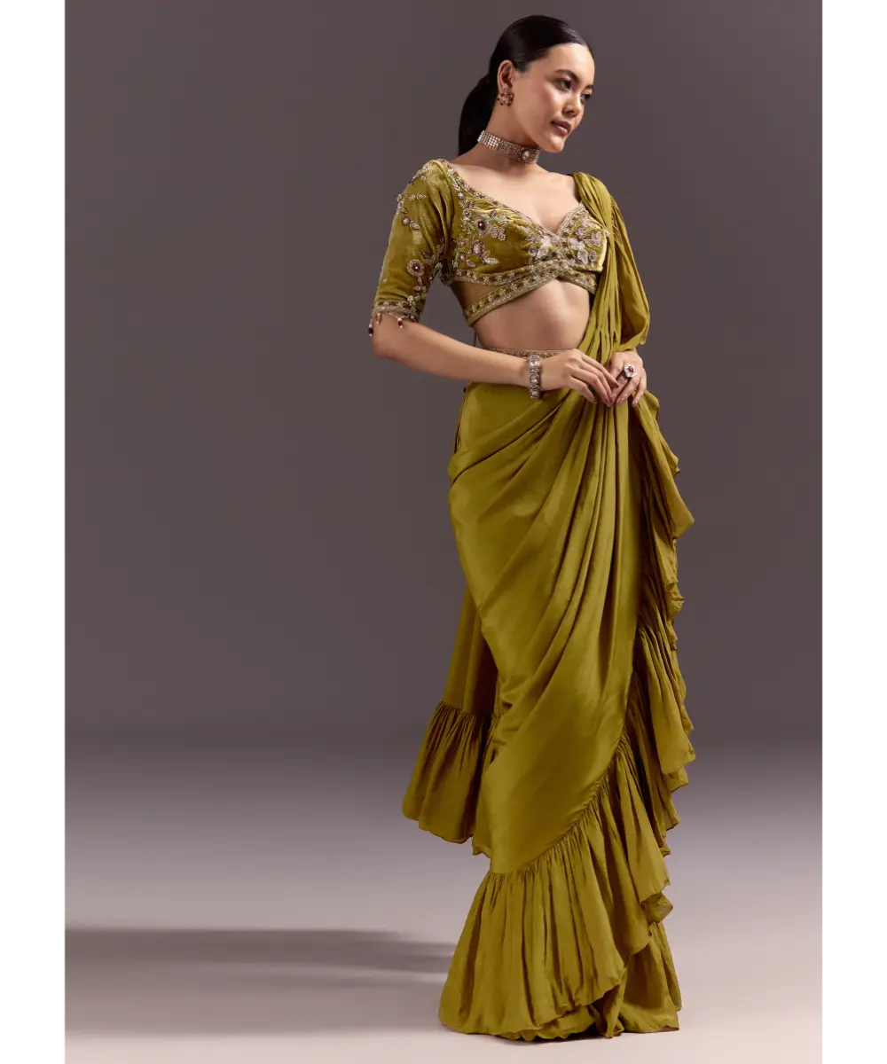 KALKI - Olive Green Velvet Saree With Frilled Pallu And Heavy Embroidered Blouse