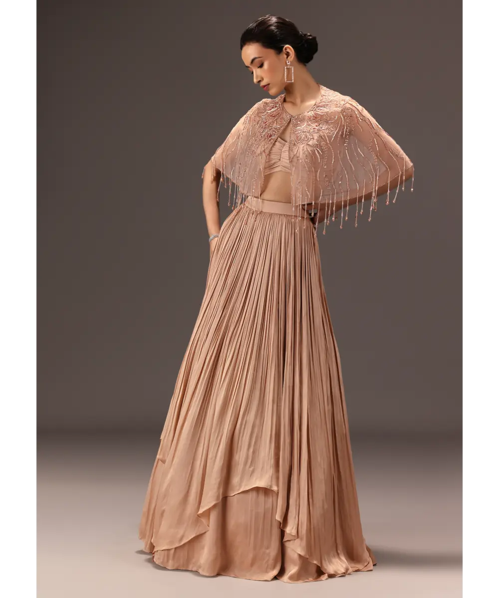 KALKI - Nude Ruched Blouse With Cape And Layered Skirt