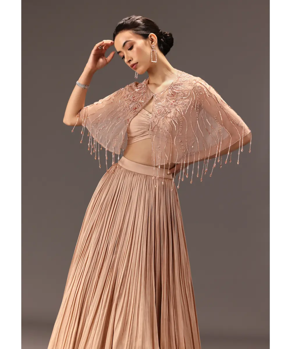 KALKI - Nude Ruched Blouse With Cape And Layered Skirt