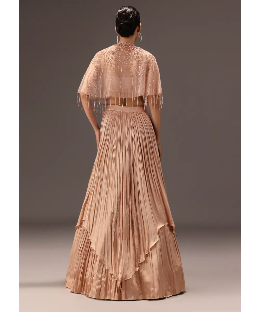 KALKI - Nude Ruched Blouse With Cape And Layered Skirt